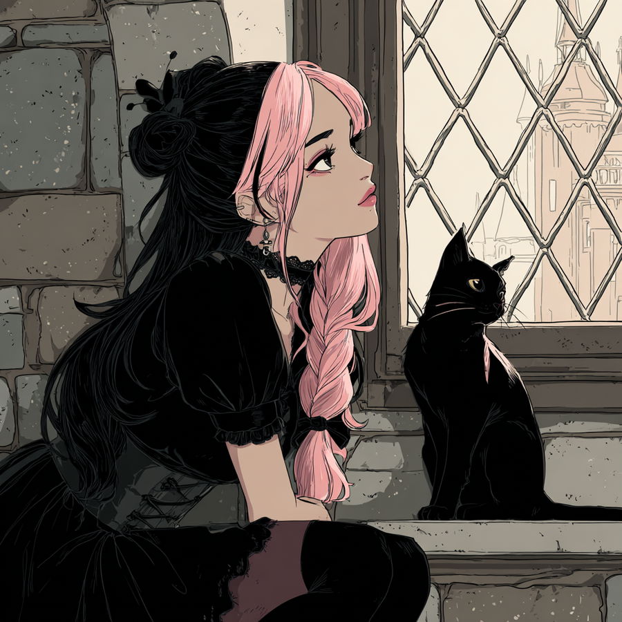 Goth girl with black and pink hair beside black cat