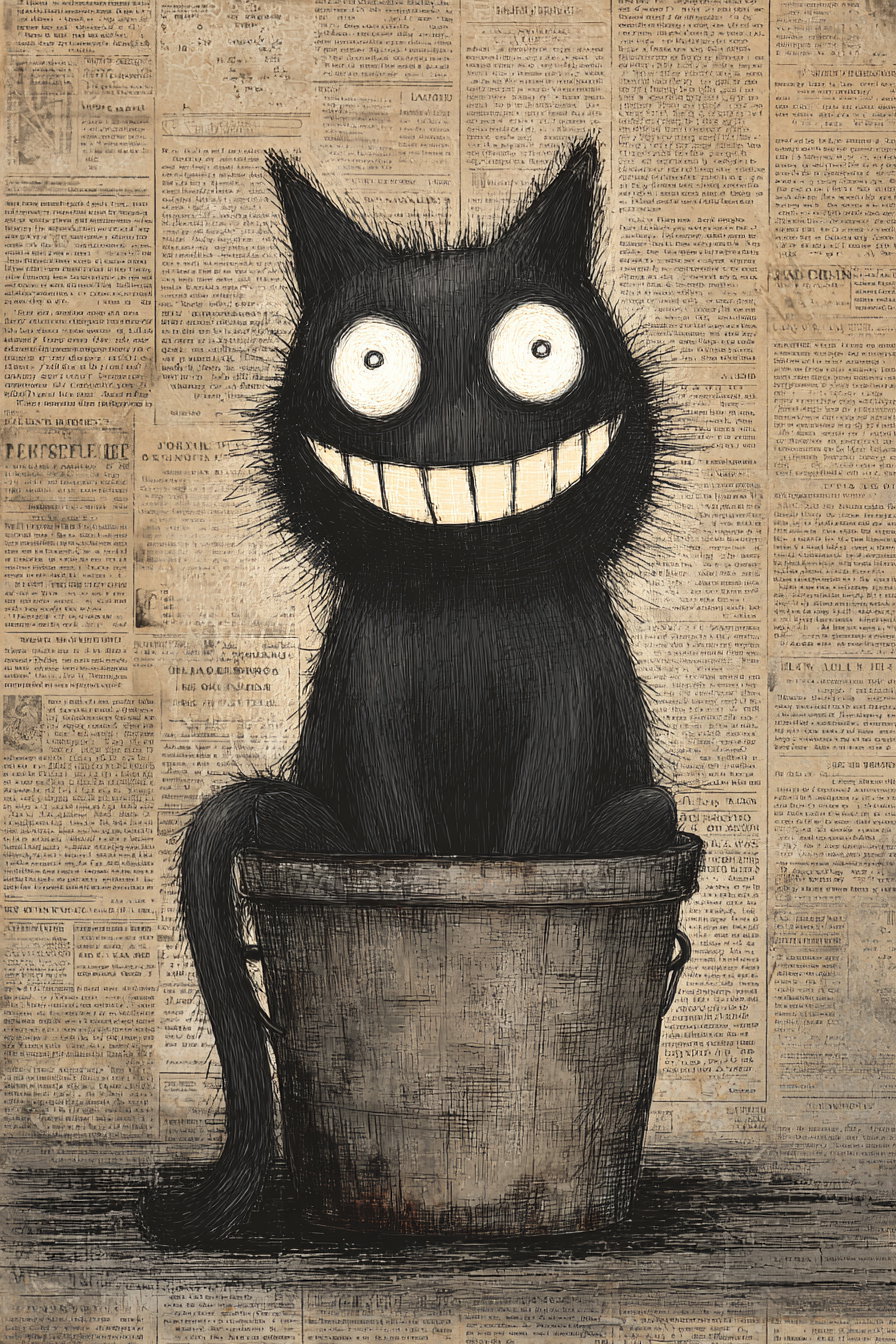 Gothic black cat with glowing eyes in rusty bucket