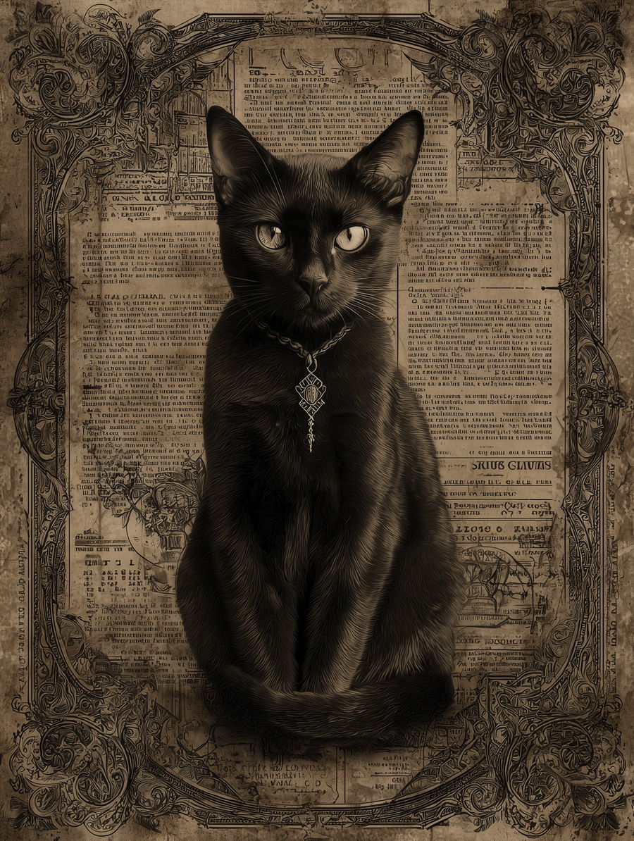 Gothic portrait of an elegant black cat on newspaper