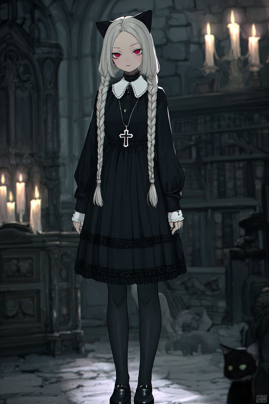 Gothic catgirl in Victorian dress, candlelit gothic interior