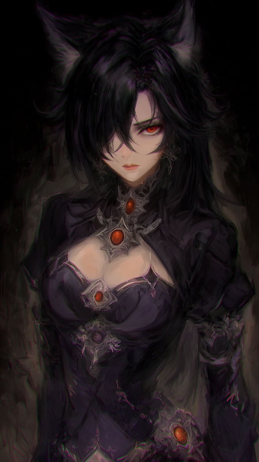 Elegant feline woman in gothic jester attire with magical aura
