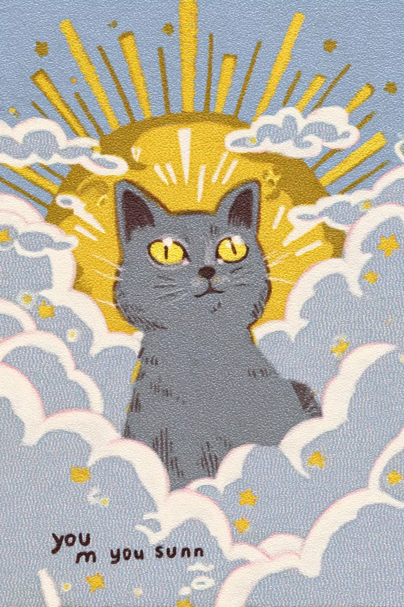 Vintage Gray Cat Illustration with Golden Light and Stars Decor