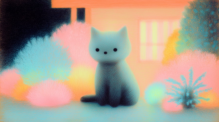 Gray stray cat resting in night garden with curled tail