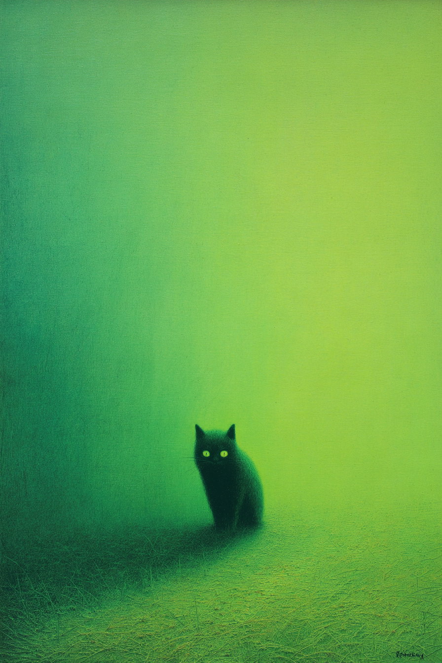 Surreal green cat in a dreamlike landscape by Zdzislaw Beksinski