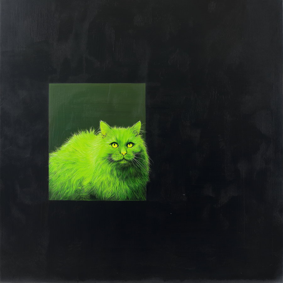 Realistic neon green cat on black canvas background