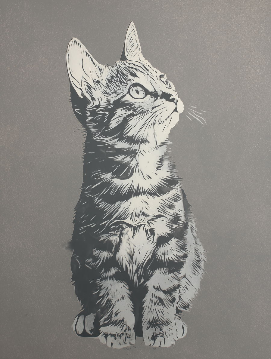 Grey tabby stencil with large eyes on solid background