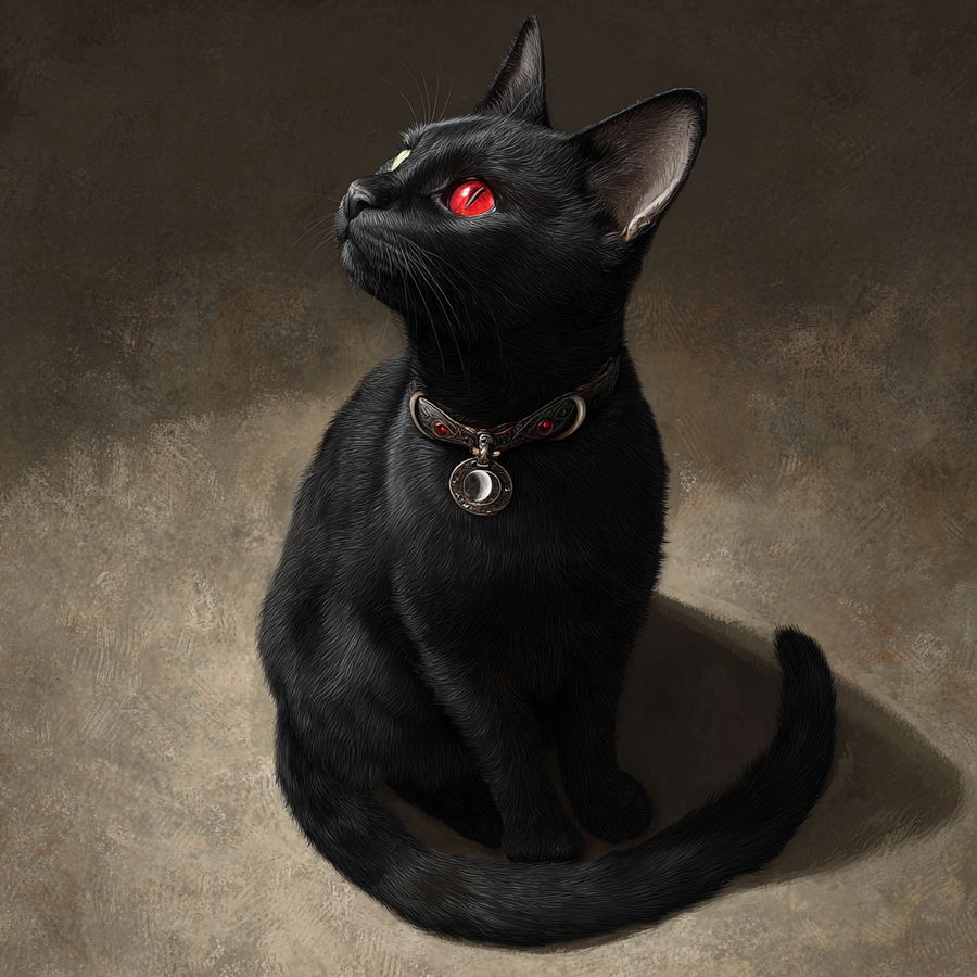 Graceful black cat with two-colored eyes and moon collar