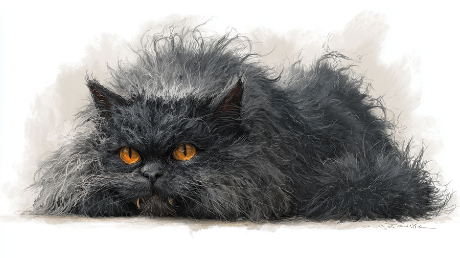 Grizzled dark gray Persian cat sleeping with matted fur