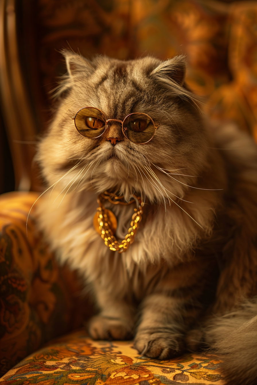Grumpy fluffy cat in sunglasses and gold chain sitting confidently
