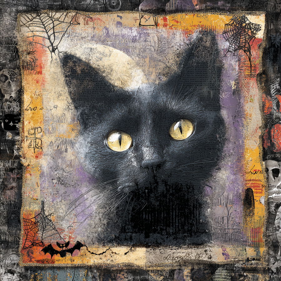 Grunge Halloween cat artwork with vibrant mixed media elements