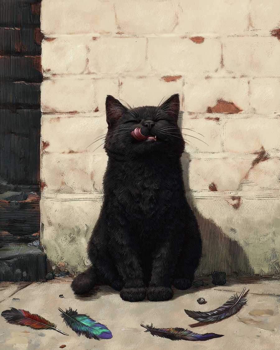 happy black cat licking lips with magpie feathers nearby