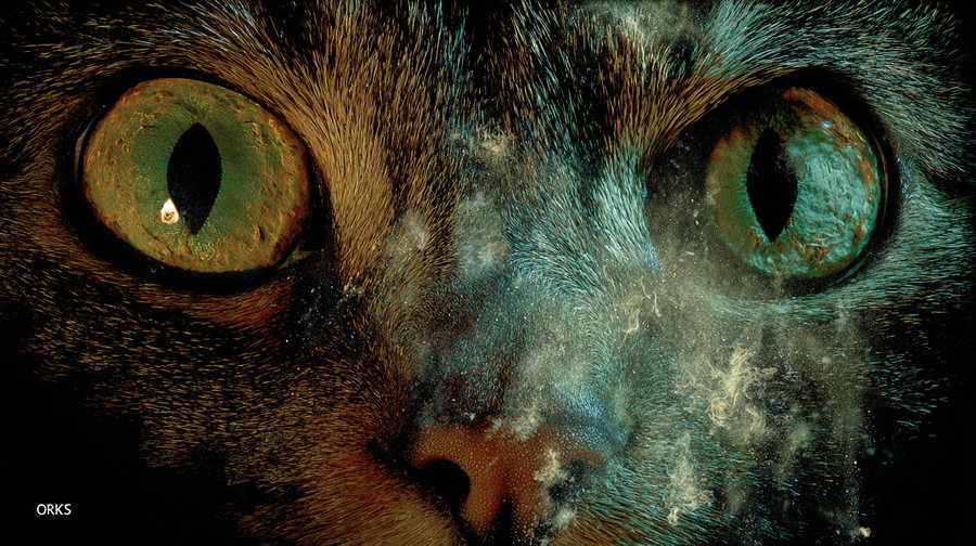 Gloomy monster with four eyes in cat-filled horror scene