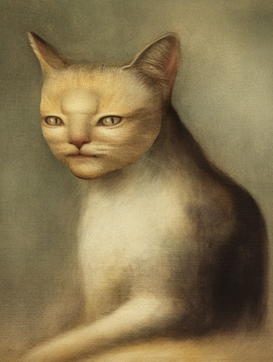 1940s impressionist painting of cat with human face