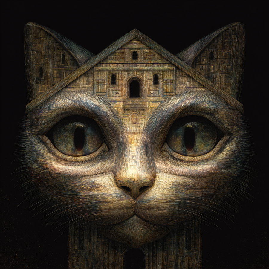 Humanoid cat with house features and playful face
