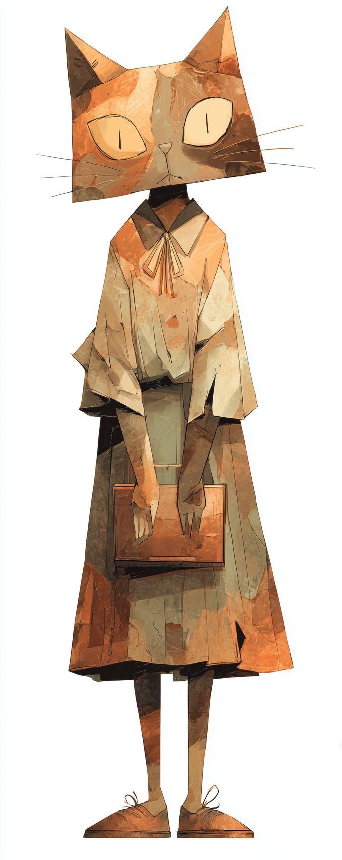 Humanoid calico tabby cat secretary in post-apocalyptic attire