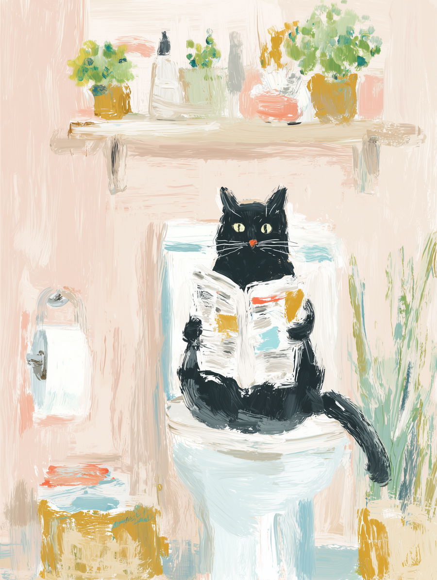 Schwarze Katze liest Zeitung auf Toilette mit Pflanzen im Hintergrund