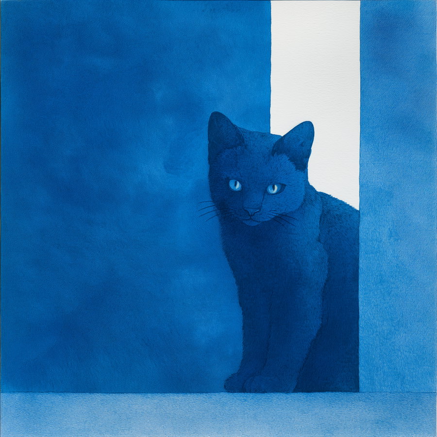Indigo-blue cat in serene, minimalist illustration on white canvas