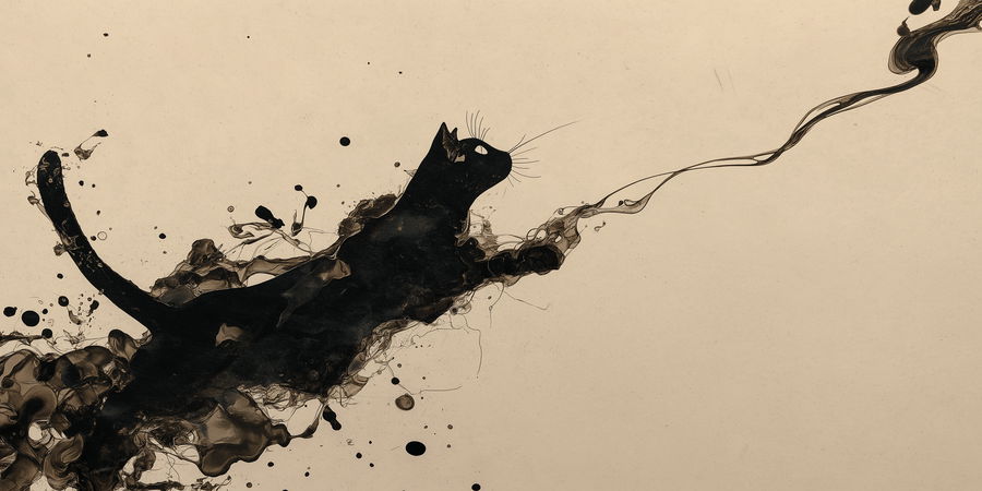 Ink blot shaped like a playful cat silhouette
