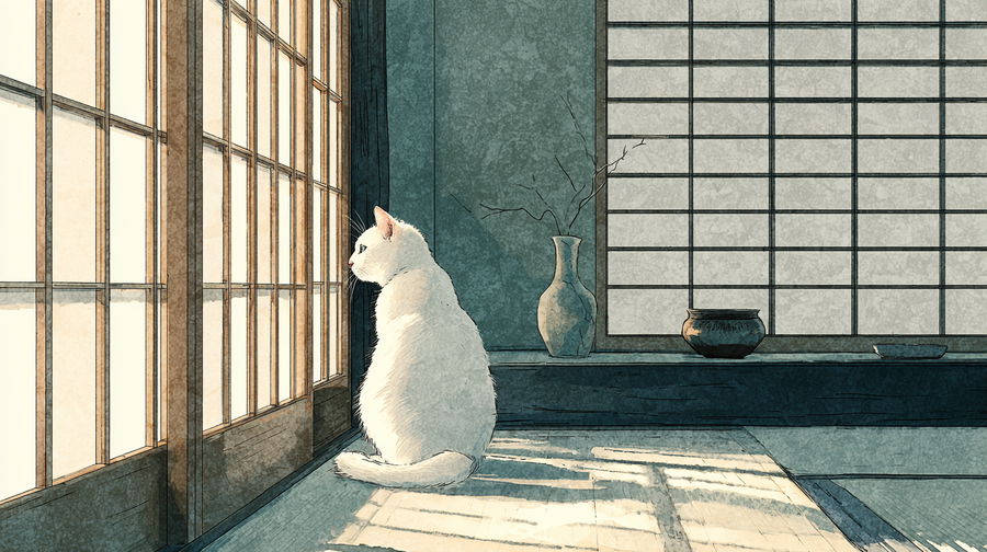 White cat by shoji window in serene Japanese interior