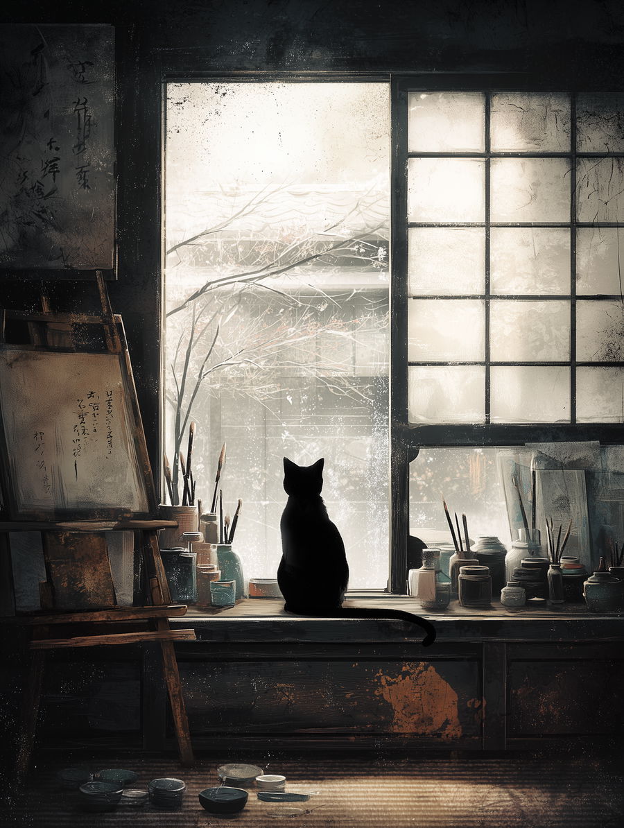 Black cat in Japanese art studio watching rain peacefully