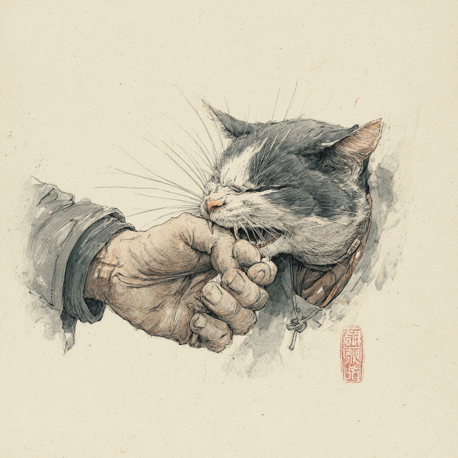 Japanese watercolor cat playfully biting owner's hand