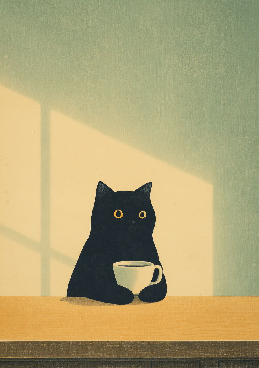 Black cat holding tea cup at low wooden table