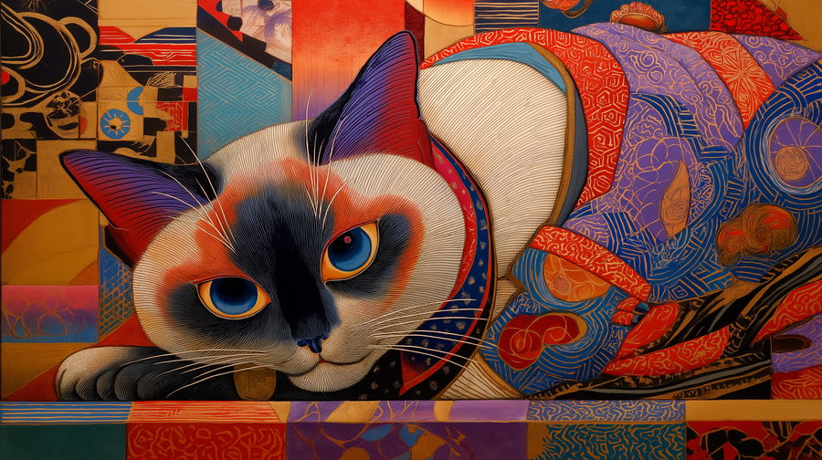 Vibrant kabuki cat performing on stage in Japanese painting