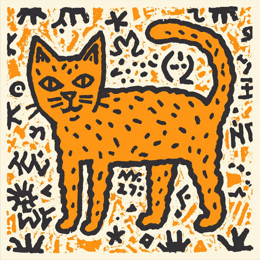 Orange cat in Keith Haring's vibrant, simple style