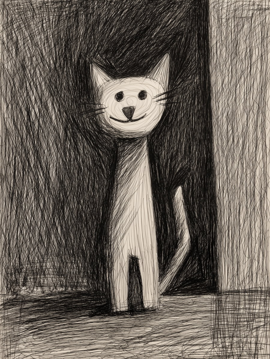 Colorful child's drawing of a playful cat with big eyes