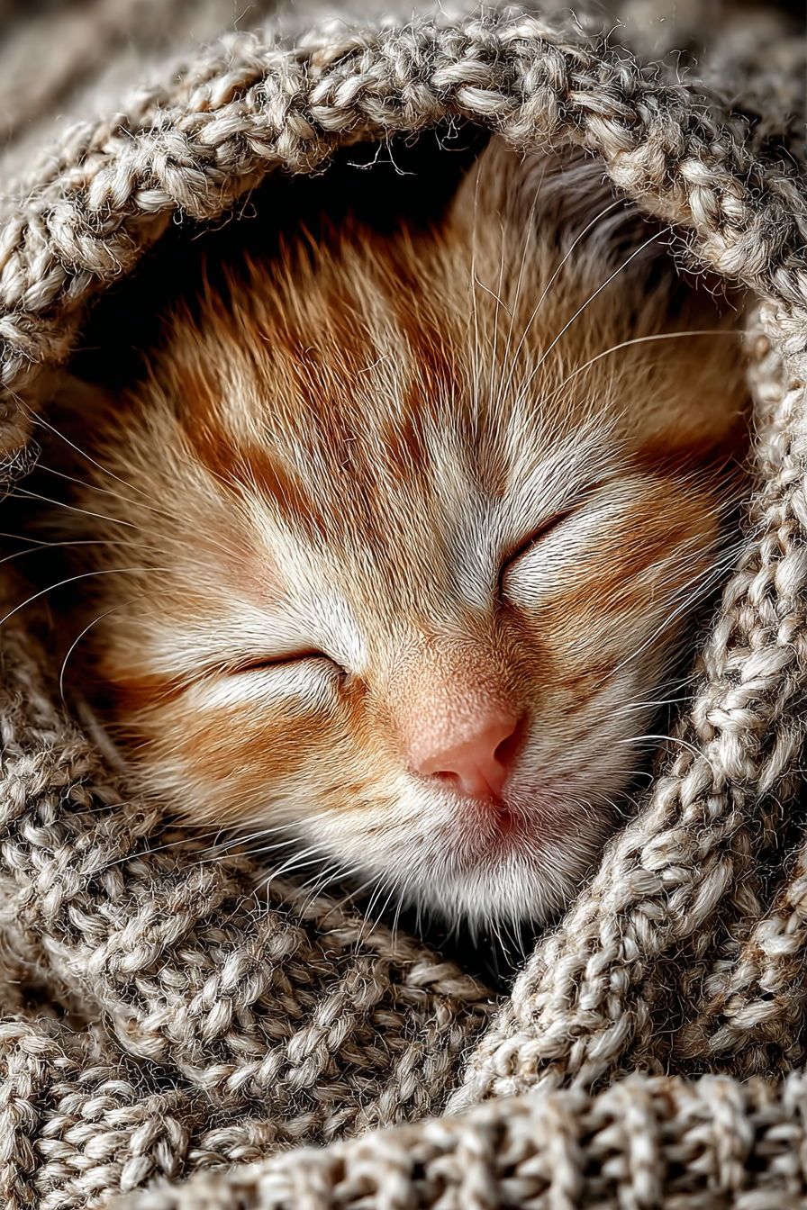 Tiny kitten wrapped in knitted blanket, cozy pastel aesthetic