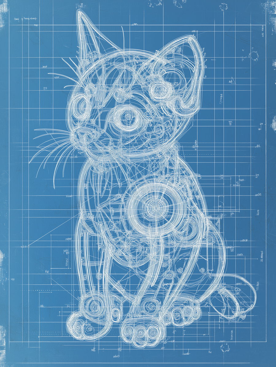 Cute kitten industrial design blueprint on blue paper