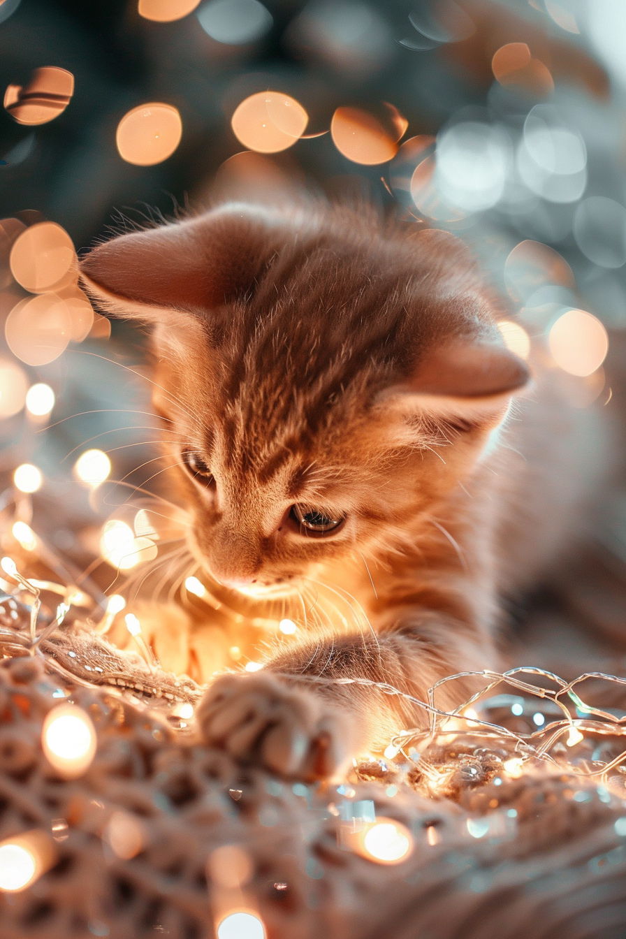 Cute kitten tangled in glowing fairy lights playing