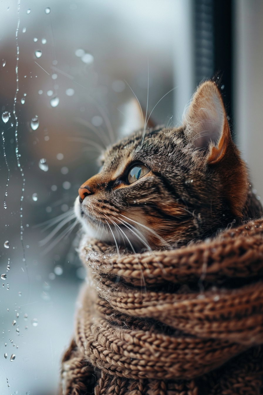 Cozy kitten in scarf gazing out rainy window