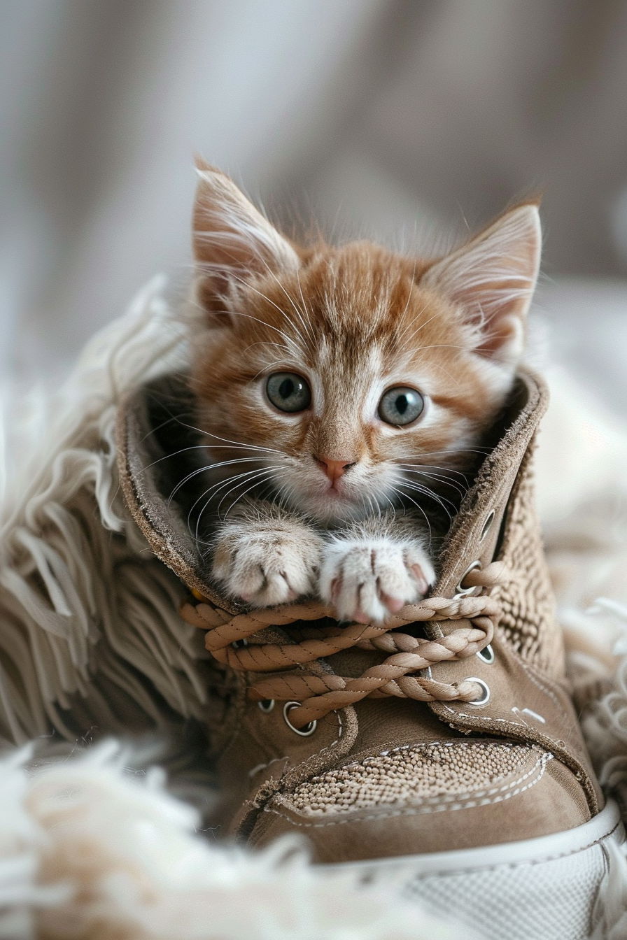 Curious kitten peeking from sneaker in cute moment