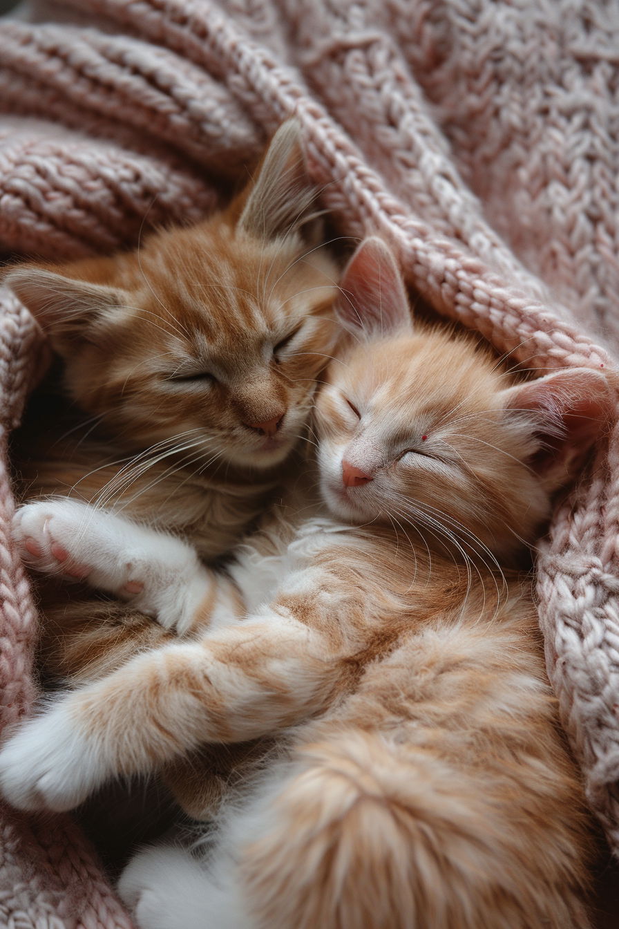Two kittens cuddling on a pastel blanket while sleeping