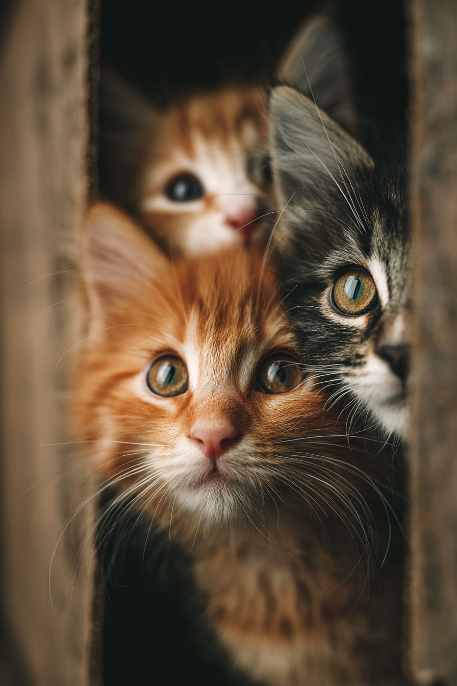 Three fluffy kittens peeking from a cozy cardboard box