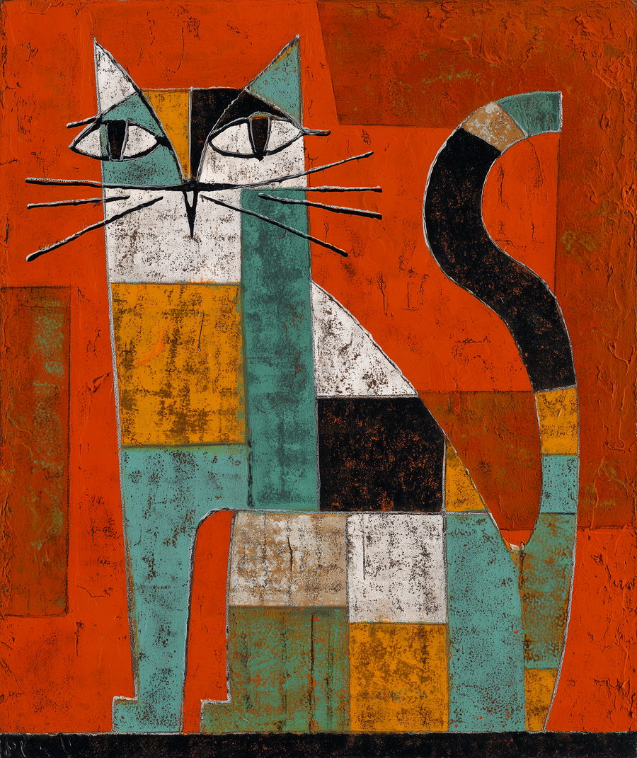 Whimsical Klee-inspired tortoiseshell cat in vibrant abstract art