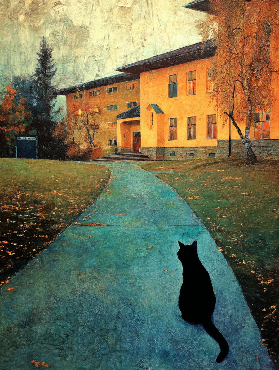 Vibrant school silhouette with fresh foliage and a cat's head