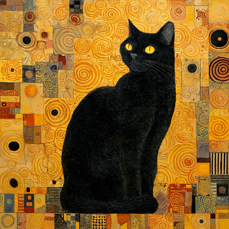 Klimt-Style Black Cat Painting for Unique Home Decor Inspiration