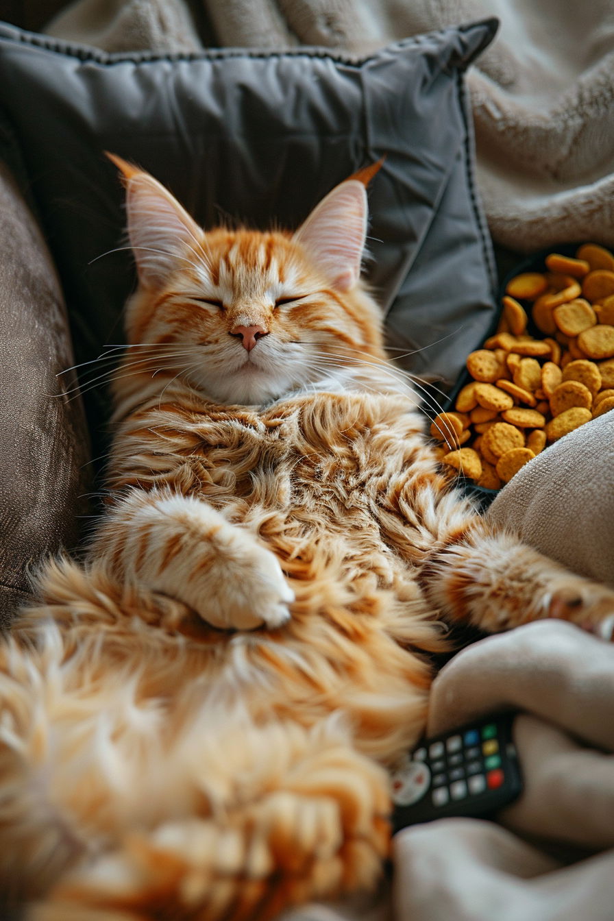 Lazy cat on couch with junk food and remote
