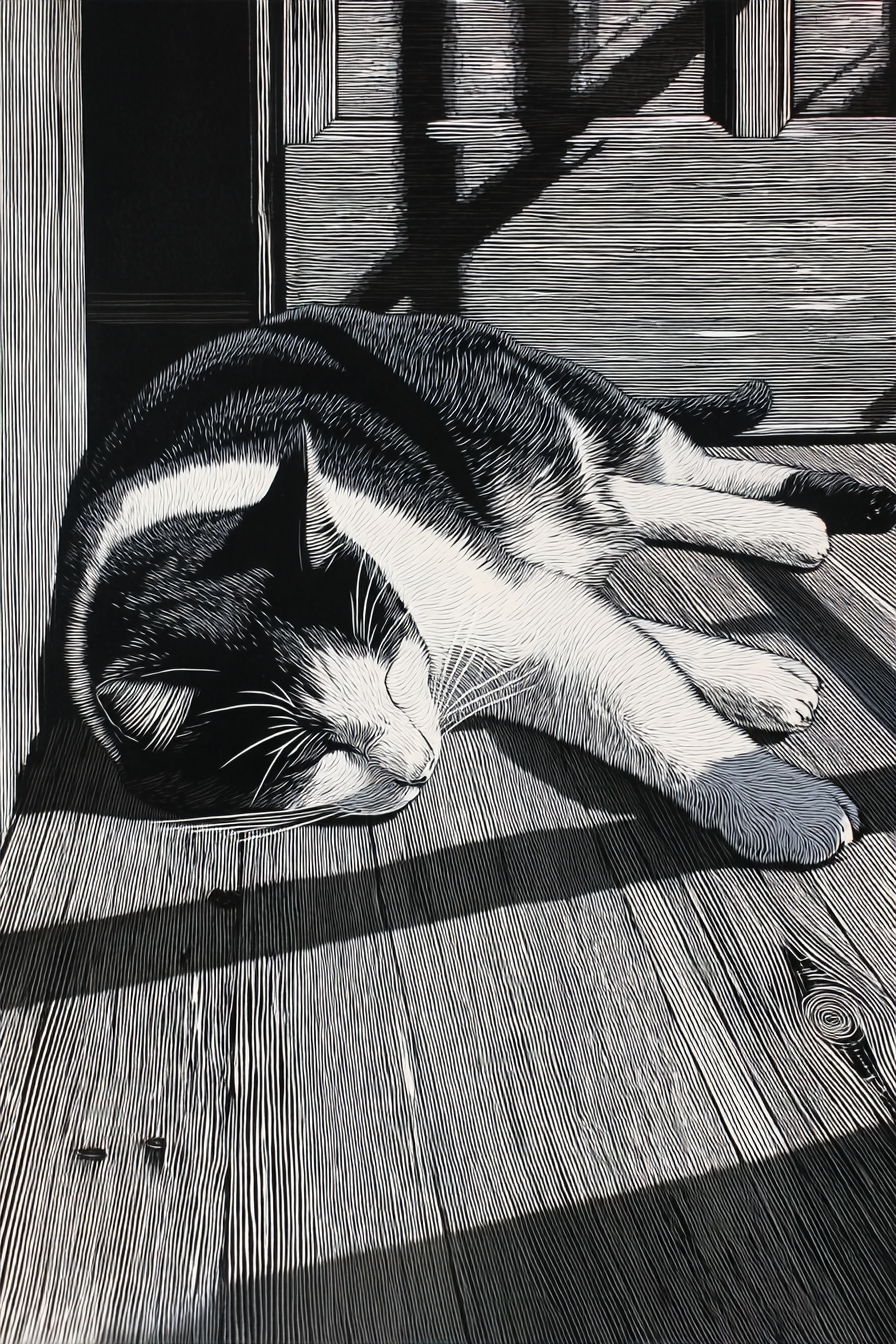 Black and white woodcut print of a lazy cat