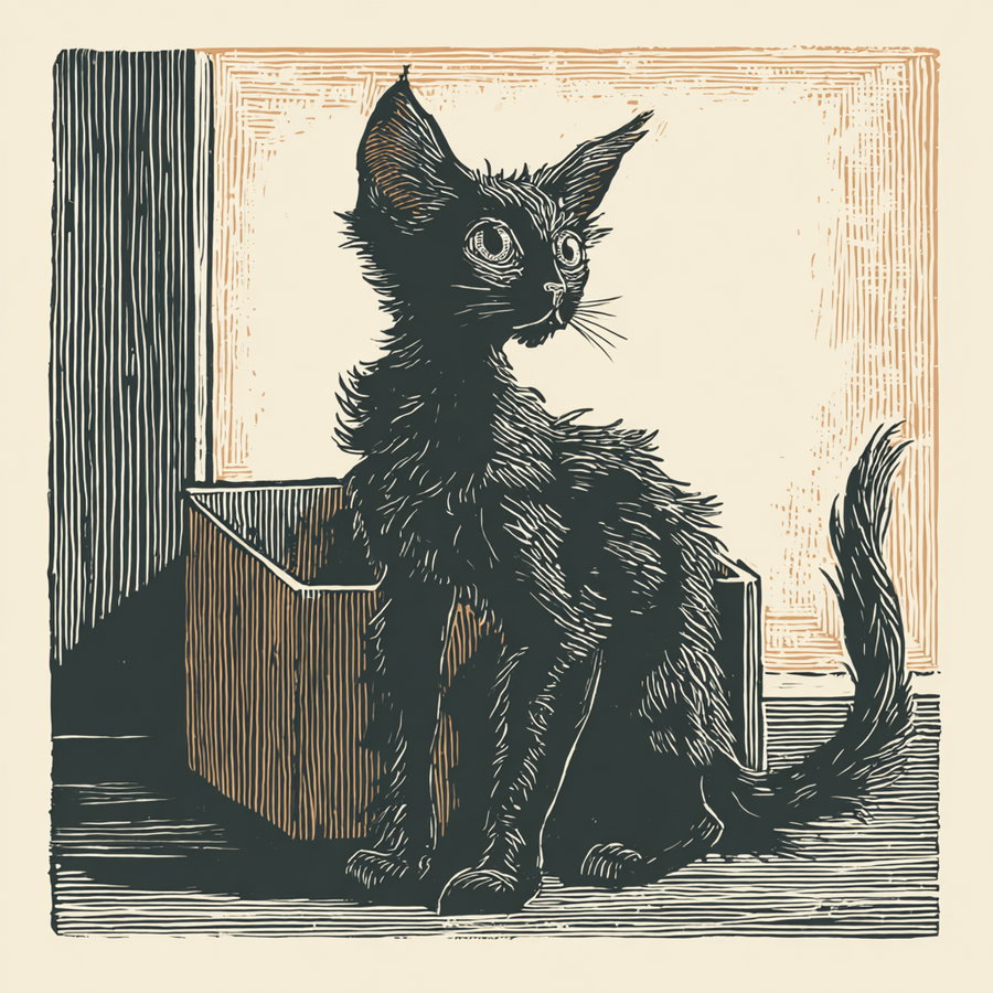 Black lykoi cat in box with paws visible