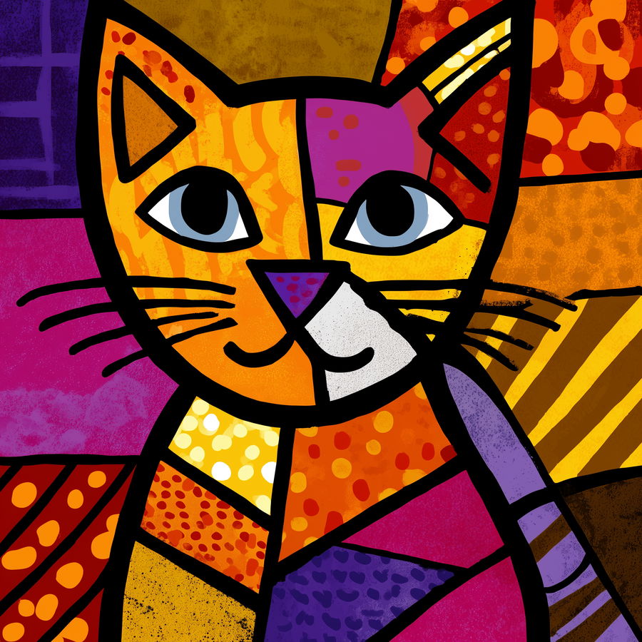 Colorful Romero Britto-style orange Maine Coon cat artwork
