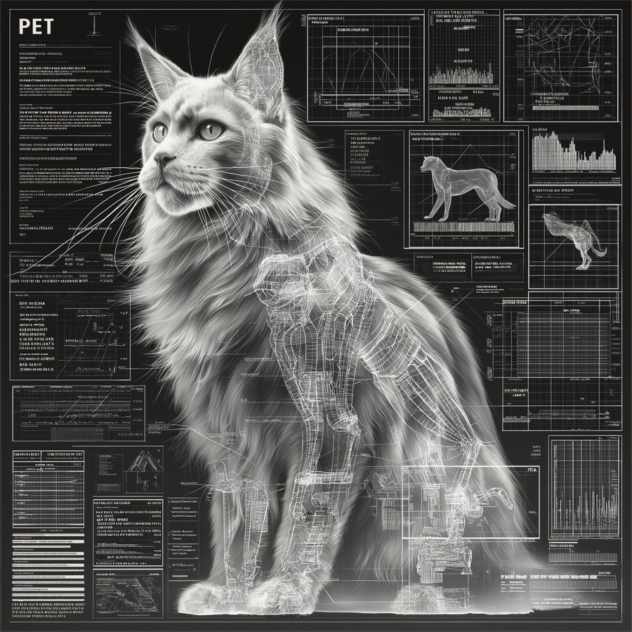 Translucent Maine Coon cat with anatomical diagrams and futuristic charts