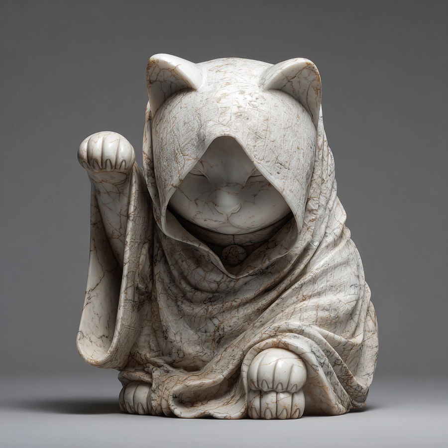 Marble maneki neko sculpture covered in cloth with raised arm