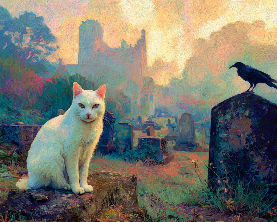 Mean white cat in foggy cemetery with ravens