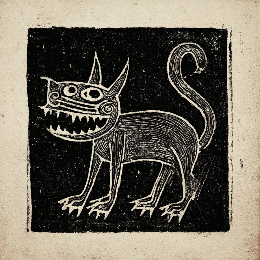 Medieval woodblock print of a grotesque cat illustration