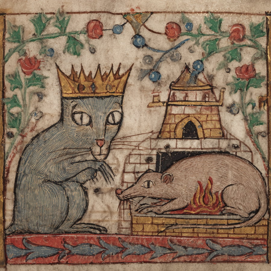 Crowned cat places oversized rat in medieval oven