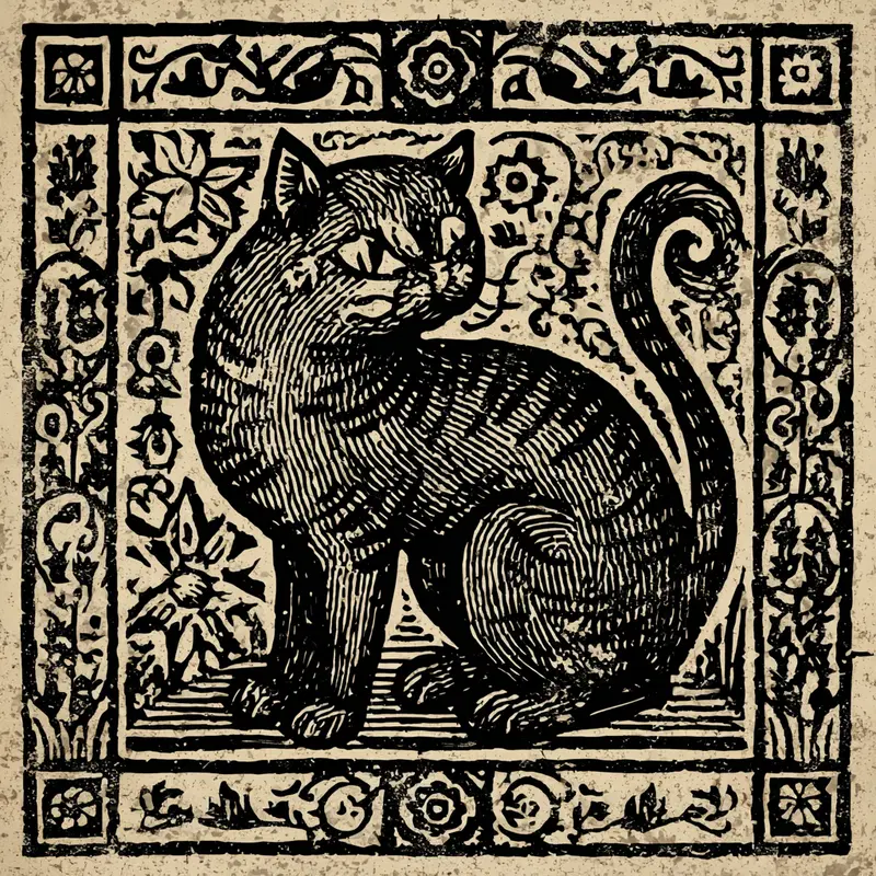 Medieval Cat Woodblock Print Illustration for Vintage Decor Inspiration