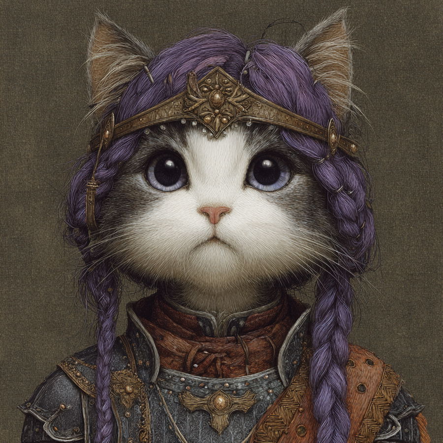 Medieval female cat knight with purple braided hair portrait